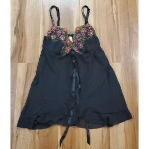 Cacique 18/20 Babydoll Chemise Lingerie Nightie Bra Black Embroidered Open Front